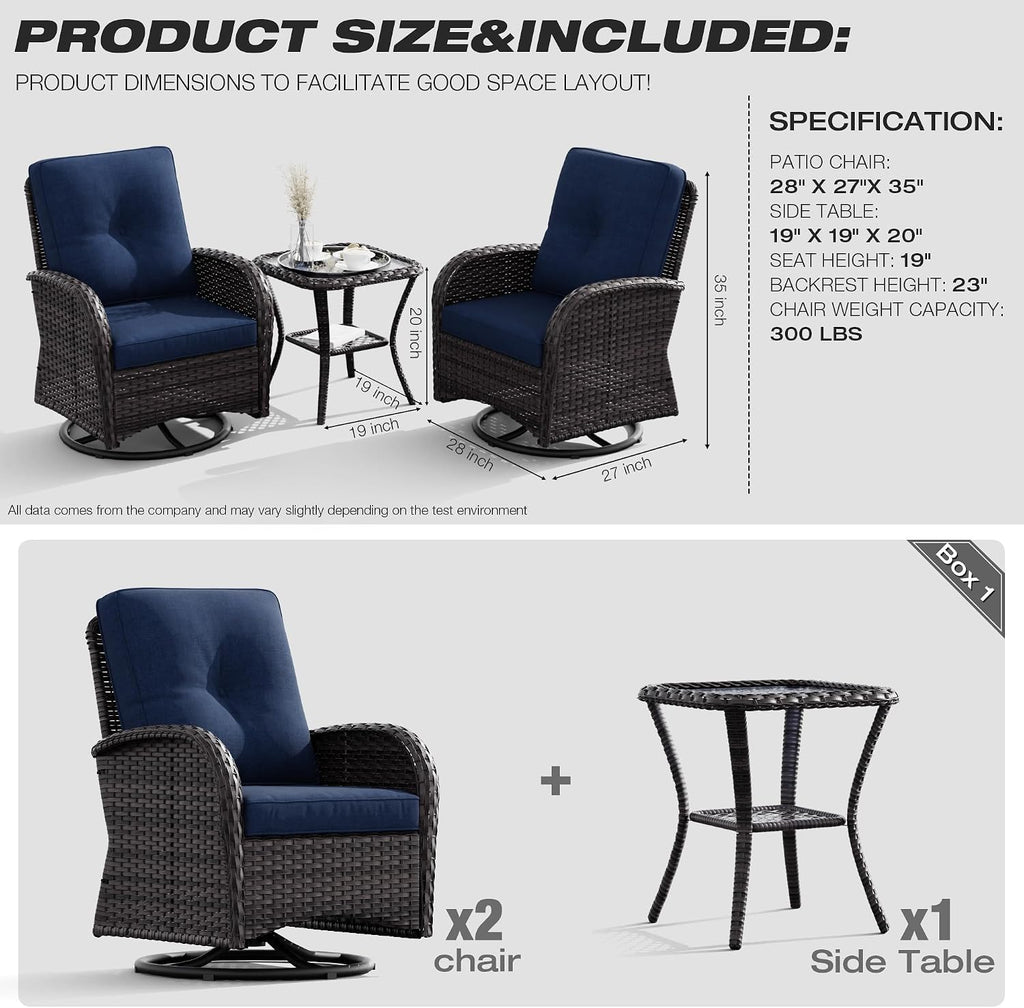 Joyside Patio Swivel Rocker Wicker Chairs - Outdoor Swivel Rocking Chairs Set of 2 with Wicker Side Table, Patio Swivel Rocker Chair 3 Piece Patio Furniture Sets for Porch Deck(Brown/Blue)