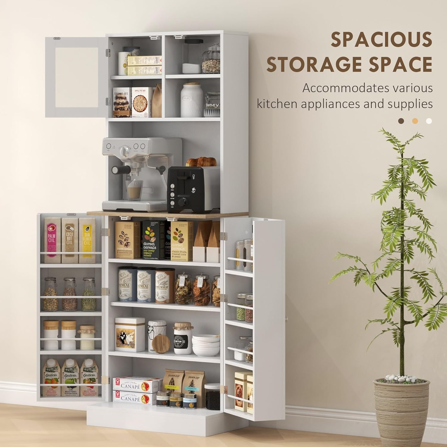 66.5" Pantry Cabinet with Microwave Stand,Freestanding Kitchen Storage Cabinet with Hutch,8 Door Shelves,Adjustable Shelves,for Dining Room,White