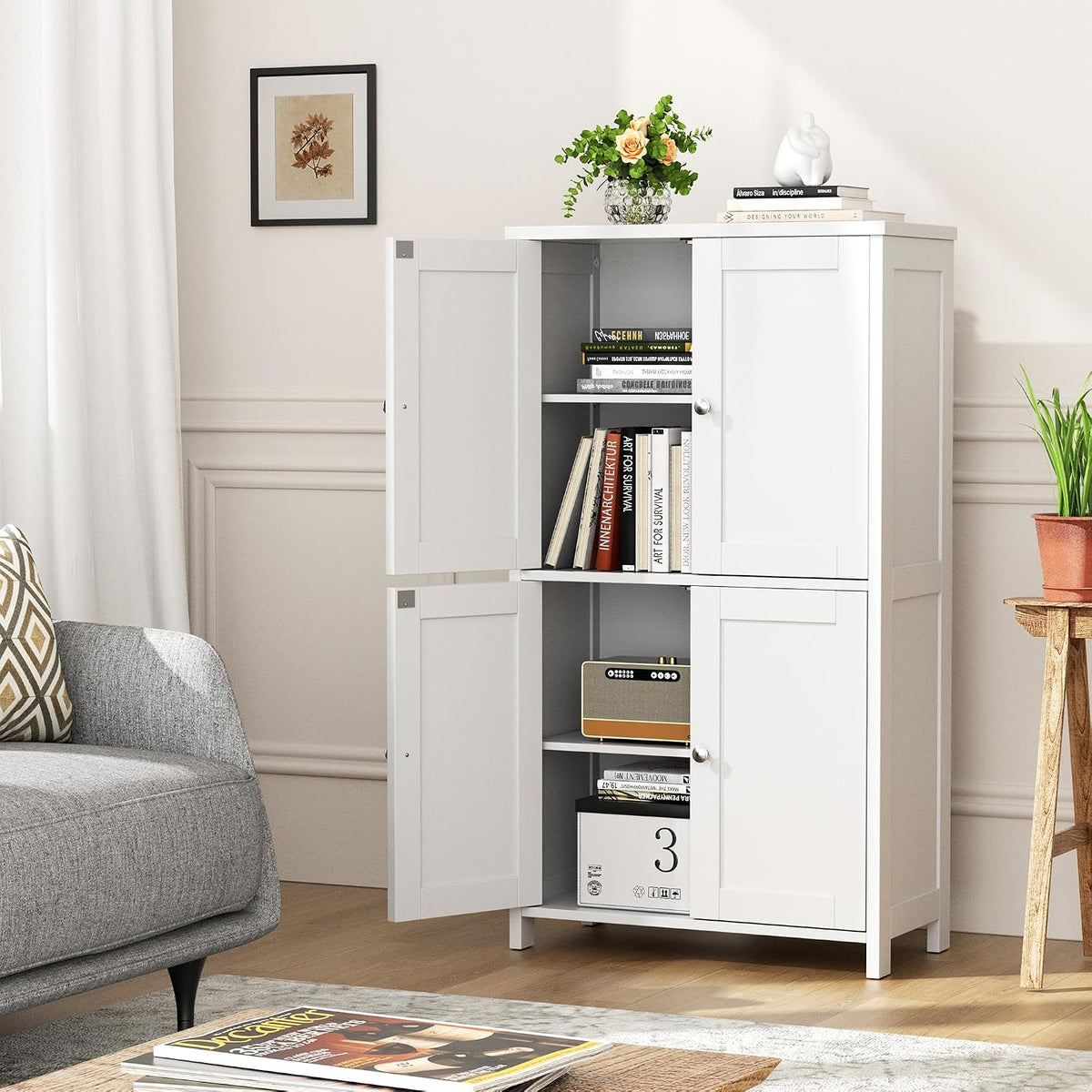 Shintenchi Bathroom Storage Cabinet with Doors and Shelves, Floor Cabinets for Washroom Furniture, Laundry Room, Organization with Adjustable Shelf, White