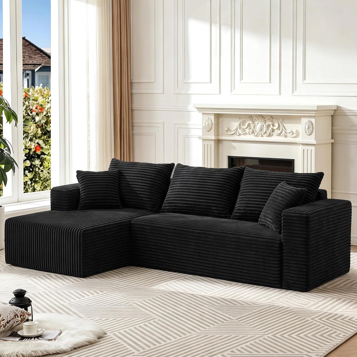 93" Couch for Living Room, Black, Left Facing Chaise | Corduroy L-Shape Couch with Chaise & Deep Seat, 30D Memory Foam, Modular Sectional Sofa for Small Space, No-Assembly