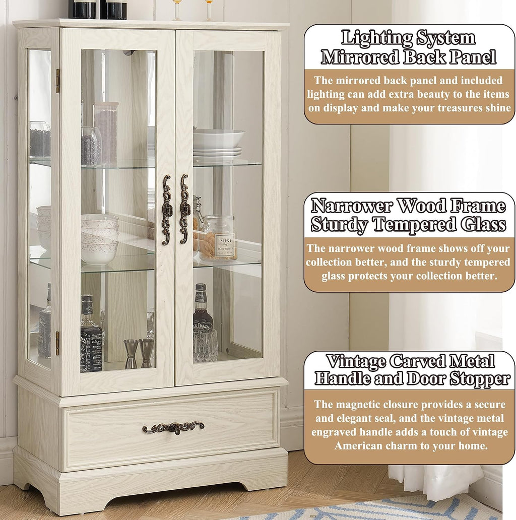 47" H Lighted Curio Cabinet Display Case, Glass Case with Adjustable Shelves,Tempered Glass Door and Drawer, Wooden Curio Cabinet with Mirrored Back Pane for Living Room (Antique White)