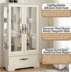 47" H Lighted Curio Cabinet Display Case, Glass Case with Adjustable Shelves,Tempered Glass Door and Drawer, Wooden Curio Cabinet with Mirrored Back Pane for Living Room (Antique White)