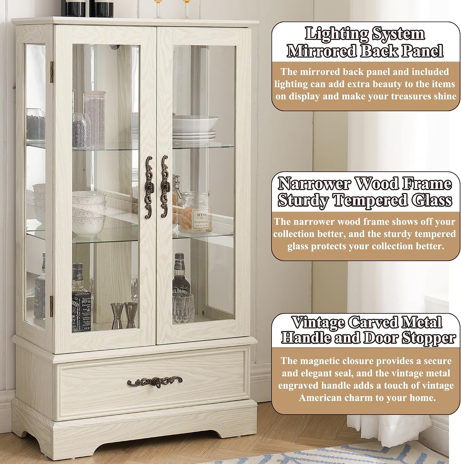 47" H Lighted Curio Cabinet Display Case, Glass Case with Adjustable Shelves,Tempered Glass Door and Drawer, Wooden Curio Cabinet with Mirrored Back Pane for Living Room (Antique White)