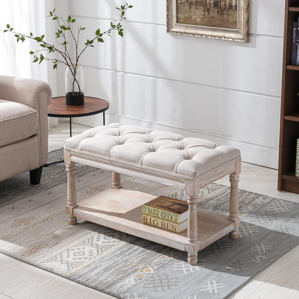 Farmhouse Storage Bench Wooden Entryway Linen Upholstered Ottoman Button Tufted Bench for Bedroom End of Bed Hallway Organizer, Beige, 32 Inch