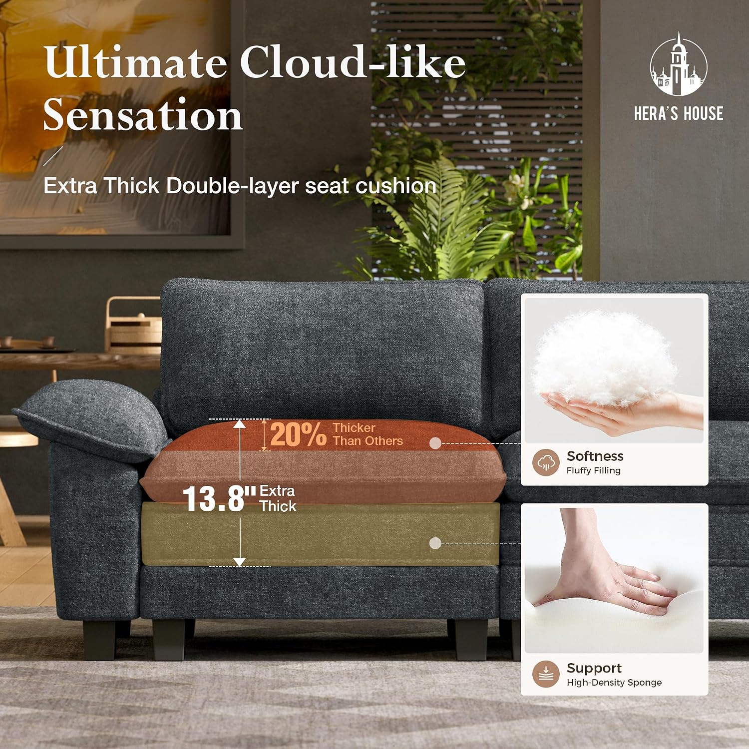 HERA'S HOUSE 3 Pieces Modular Cloud Couch and Chair Set Setional Sofa | Modern 5-Seater Sofa Set , Cyan, Wider Armrest, Comfy Deep Seat, Soft Chenille Furniture Set for Living Room