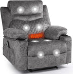 Overstuffed Massage Recliner Chair with Heat, Wide Seat Reclining Chair for Home Theater, Heated Massaging Manual Recliner Chairs with Cup Holders, Grey