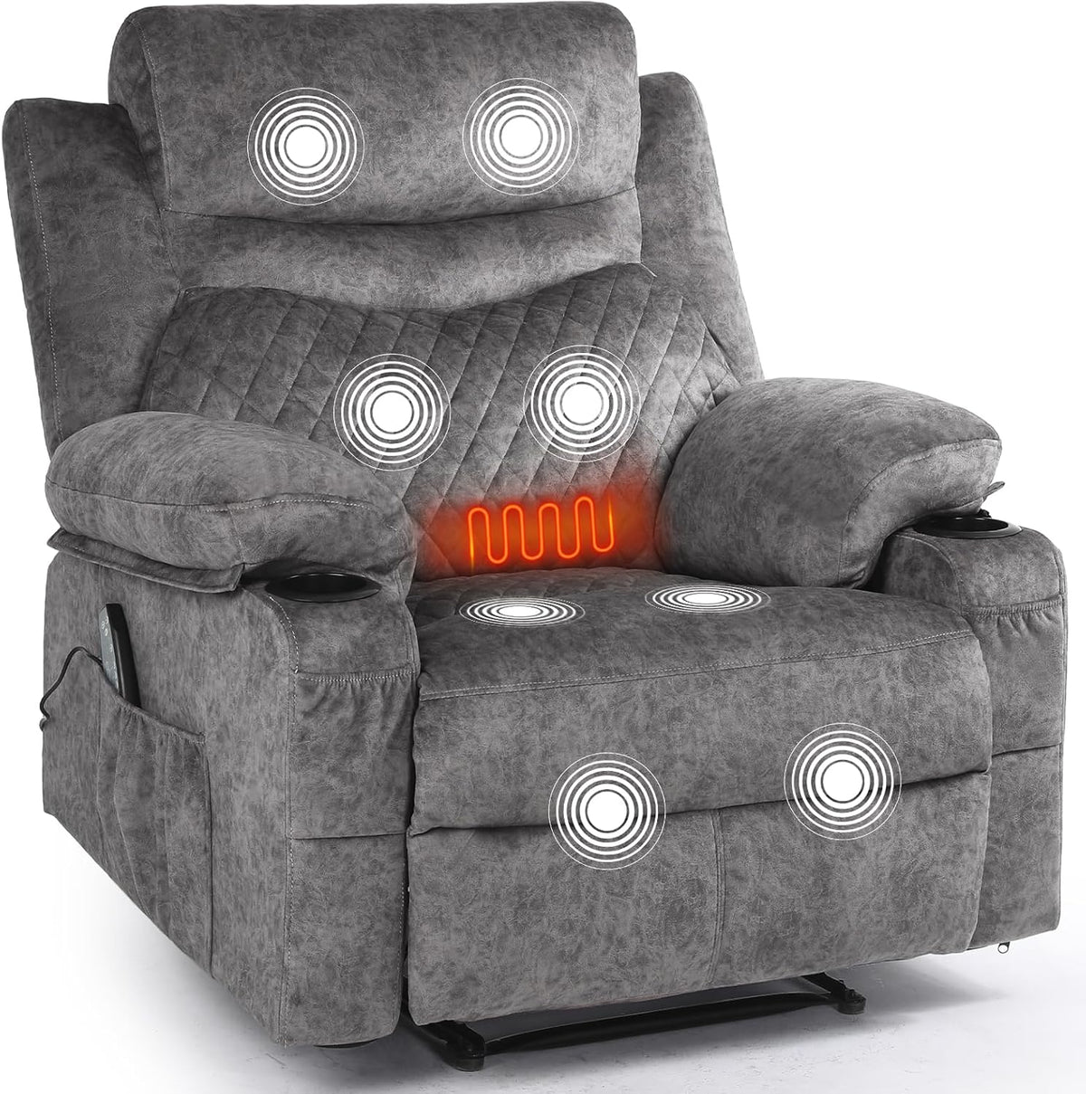 Overstuffed Massage Recliner Chair with Heat, Wide Seat Reclining Chair for Home Theater, Heated Massaging Manual Recliner Chairs with Cup Holders, Grey