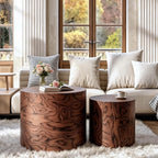 Round Nesting Coffee Table Set of 2, Modern Circle Accent End Table | Wooden Side Table, Small Drum Center Table, Natural Swirl Grain Rustic Side Set for Living Room, Small Space, No Assembling
