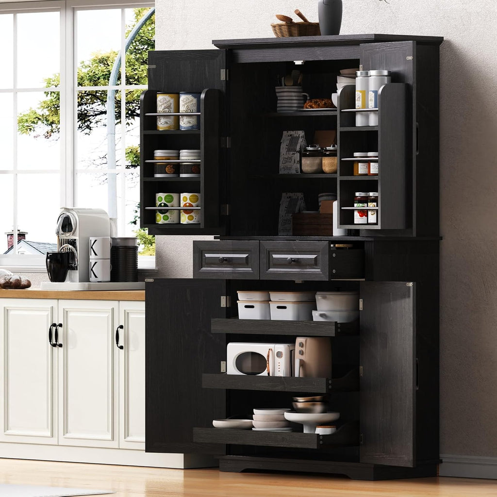 71" Tall Kitchen Pantry Cabinet with 3 Pull Out Cabinet Organizers, Farmhouse Embossed Texture Storage Cabine with 6 Door Shelves, 2 Drawers, Freestanding Cupboard for Kitchen, Dining Room (Black)