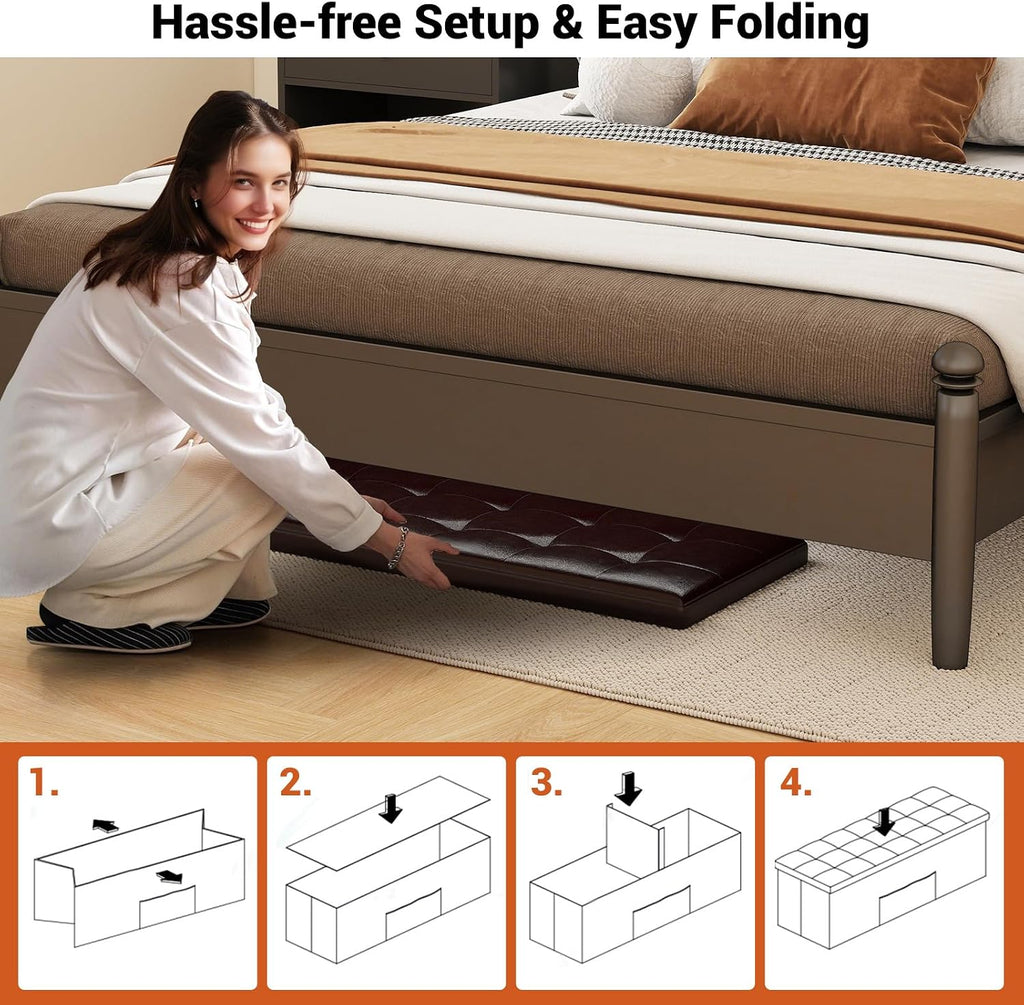 43 Inches Folding Storage Ottoman Bench, Foldable Foot Rest Stool End of Bed Bench with Side Pocket, Storage Chest for Living Room, Entryway & Bedroom (Brown)