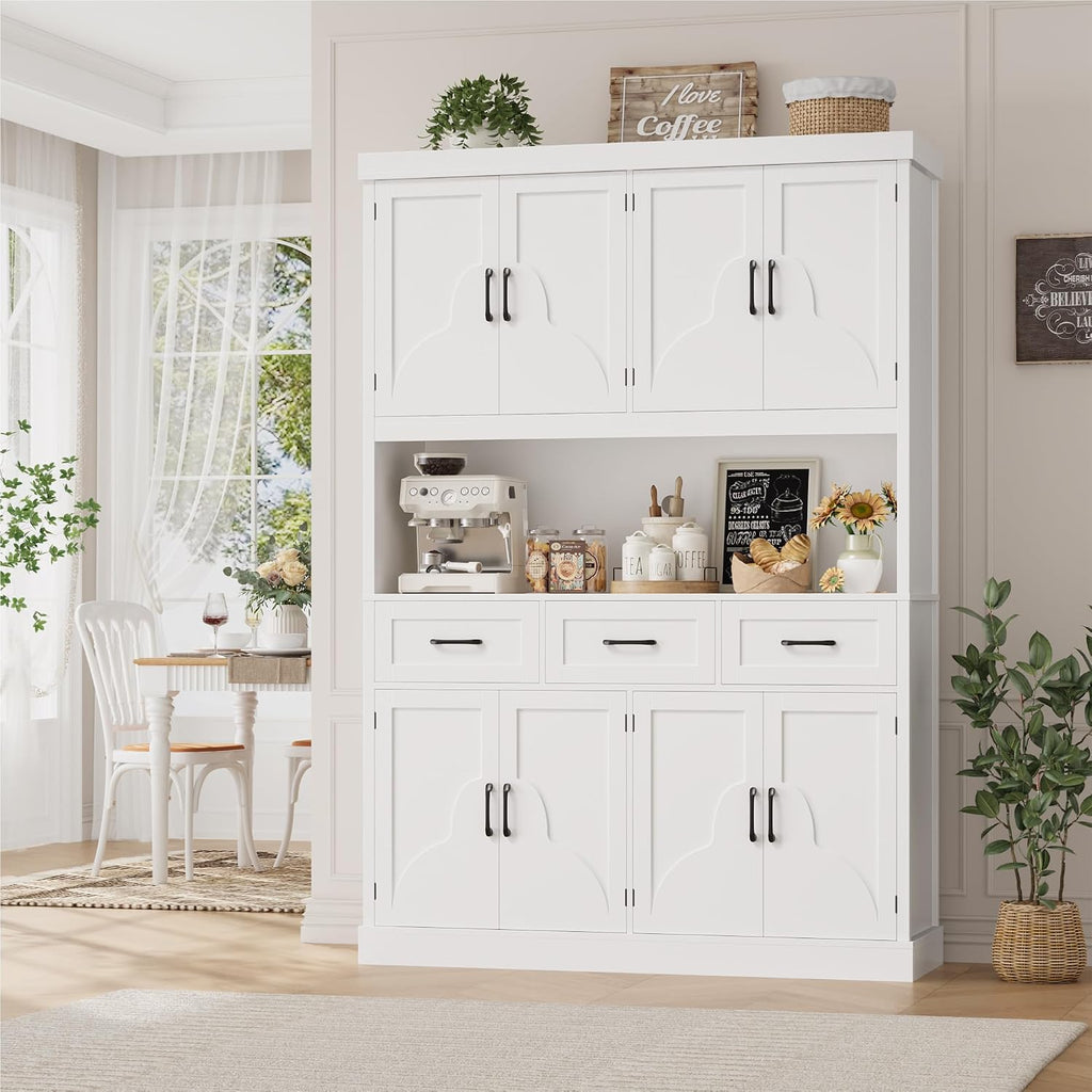 HITHOS 55“W Kitchen Pantry Cabinet, 76" Tall Hutch Storage Cabinet, White | Large Kitchen Pantry Storage Cabinet with Countertop, Modern Kitchen Hutch, Wood Coffee Bar with Drawers for Dining Room