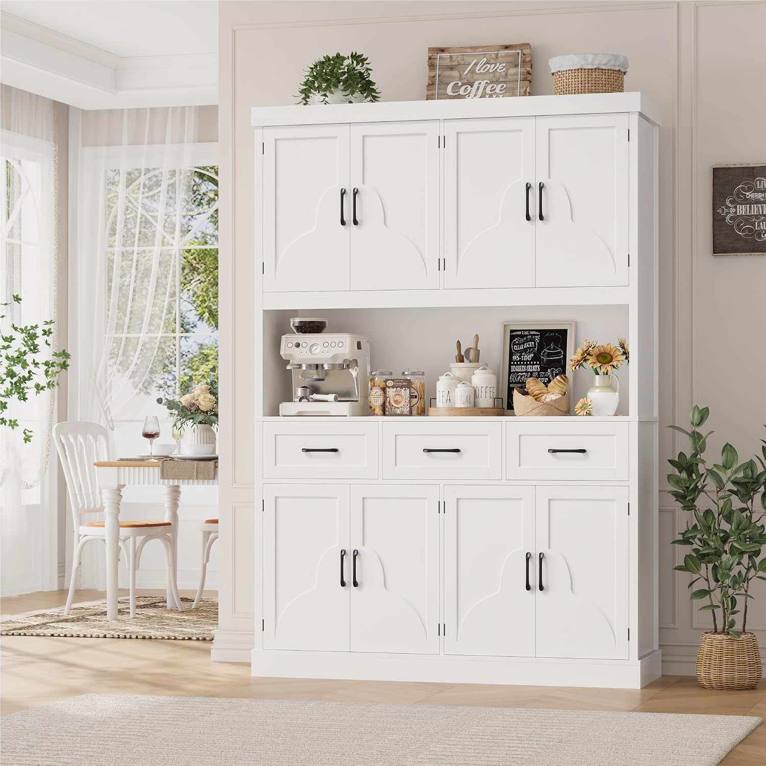 HITHOS 55“W Kitchen Pantry Cabinet, 76" Tall Hutch Storage Cabinet, White | Large Kitchen Pantry Storage Cabinet with Countertop, Modern Kitchen Hutch, Wood Coffee Bar with Drawers for Dining Room