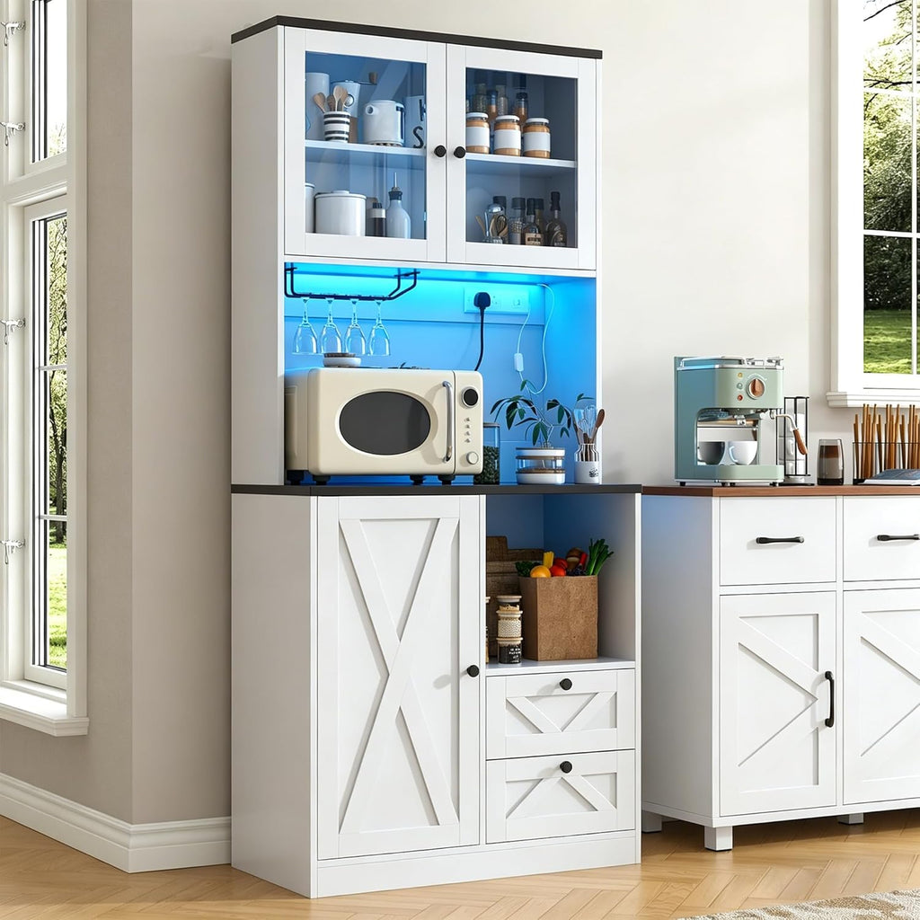 71" Tall Coffee Bar Cabinet with Storage Hutch, Farmhouse Kitchen Pantry Cabinet with LED Lights Microwave Stand and Glass Holder for Home Dining Room Kitchen,White