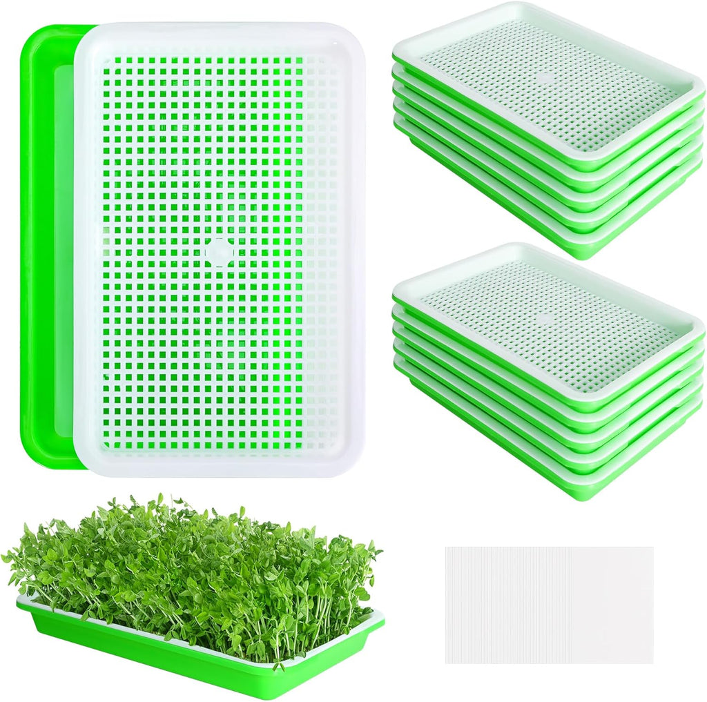 EBaokuup 10Pcs Seed Sprouter Tray with Drain Holes - BPA Free Seed Garden Plant Germination Propagation Trays, Soil-Free Wheatgrass Tray Sprouter Microgreens Growing Kit with Germinating Paper