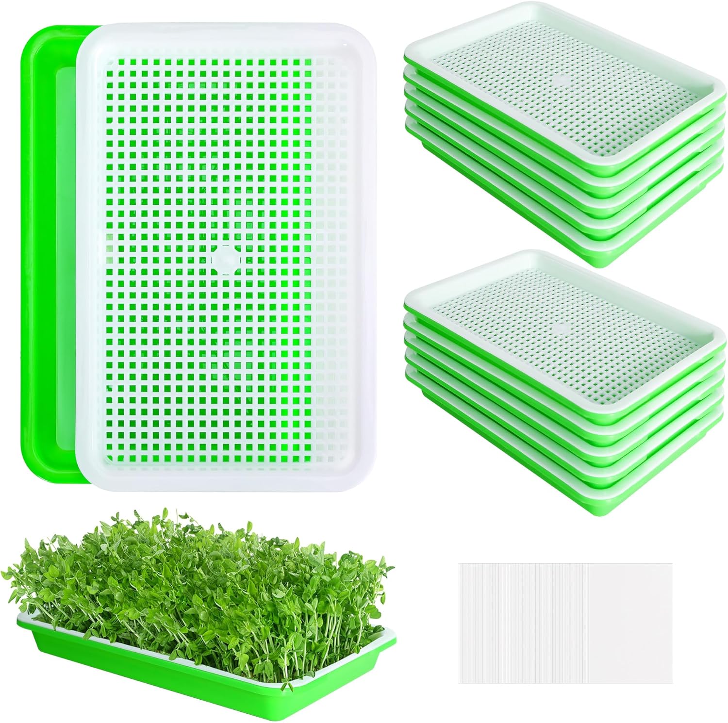 EBaokuup 10Pcs Seed Sprouter Tray with Drain Holes - BPA Free Seed Garden Plant Germination Propagation Trays, Soil-Free Wheatgrass Tray Sprouter Microgreens Growing Kit with Germinating Paper