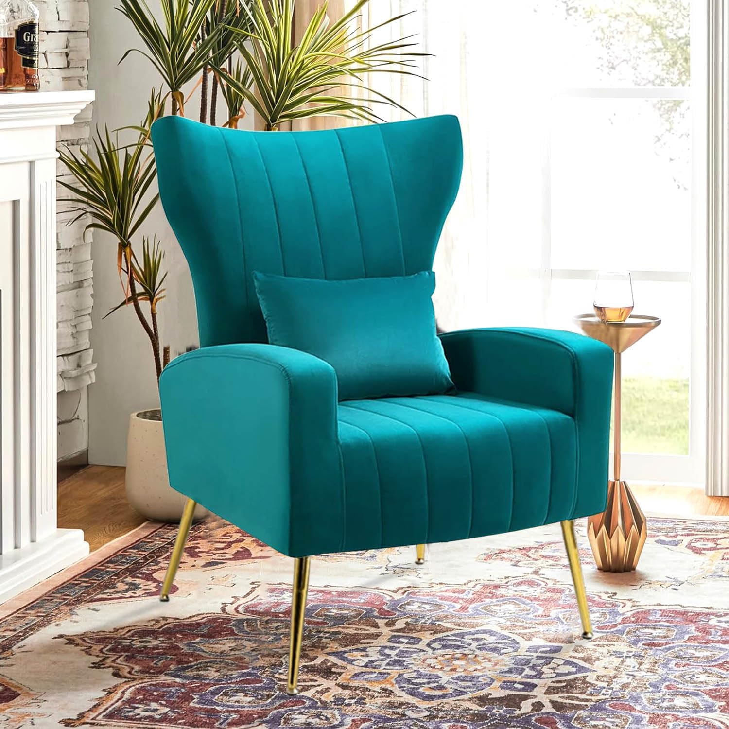 Velvet Accent Chairs Set of 2, Modern Arm Chair with Wingback & Gold Metal Legs for Living Room, Bedroom, Waiting Room, Lumbar Pillow Included, Dark Teal