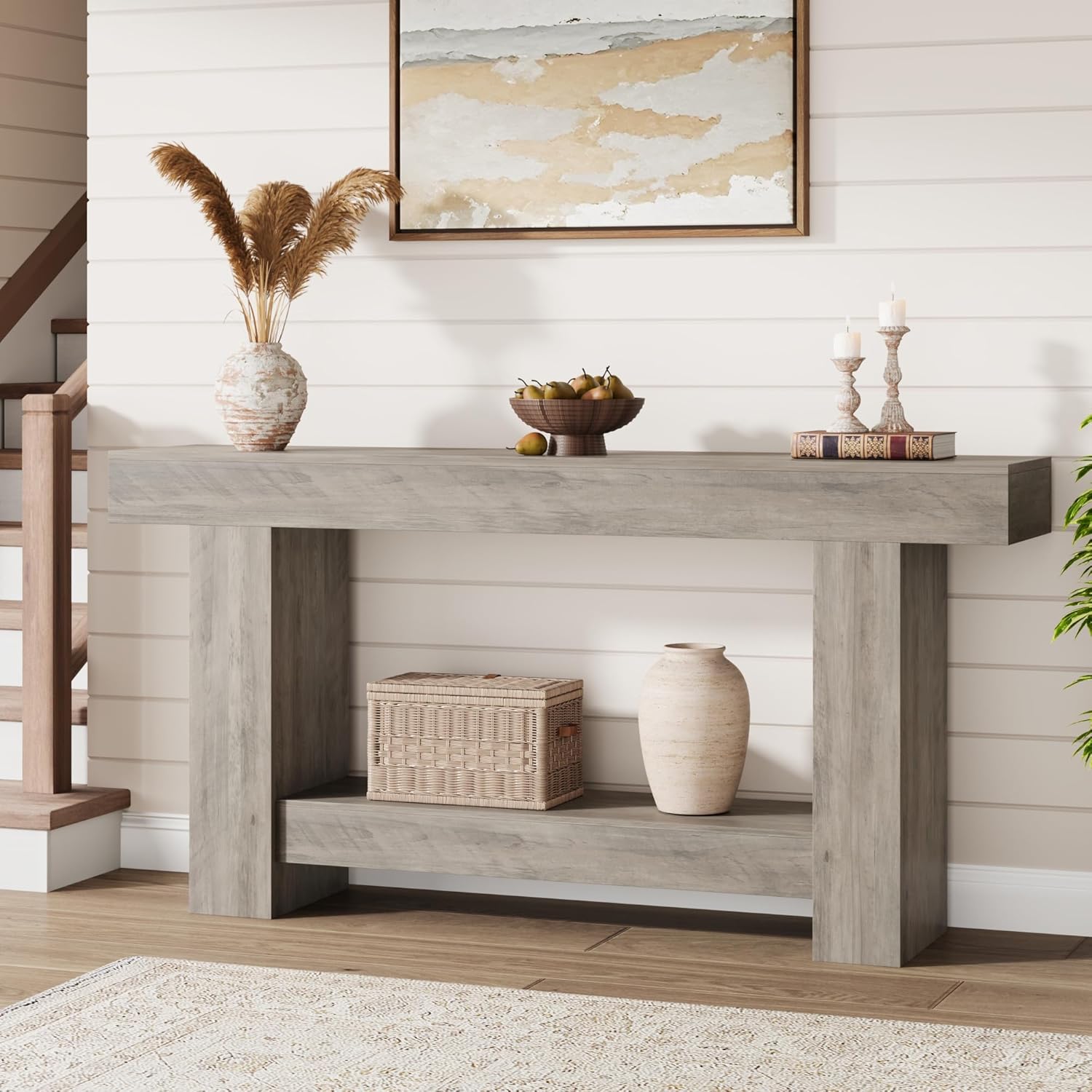 GarveeHome Entryway Console Table, Farmhouse 2-Tier Entryway Table, Long Sofa Accent Table Behind Couch Table with Open Storage for Entrance, Living Room, Hallway, Light Grey, 63"