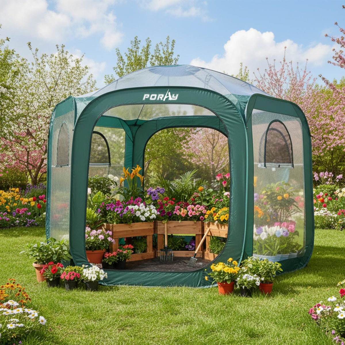 Porayhut Pop up Greenhouse Tent,Portable Large Walk-in Plant House 10’X10’ ,Indoor Outdoor Gardening Plant Sunshine Room with PVC Mesh Cloth Cover for Protecting Plant from Cold Frost & Birds