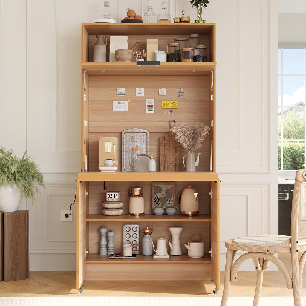 69'' Tall Kitchen Pantry Cabinet with Foldable Workstation, Kitchen Food Pantry Hutch with Adjustable Shelf, Folding Secretary Desk with Storage Hutch for Living Room, Dining Room (Natural)