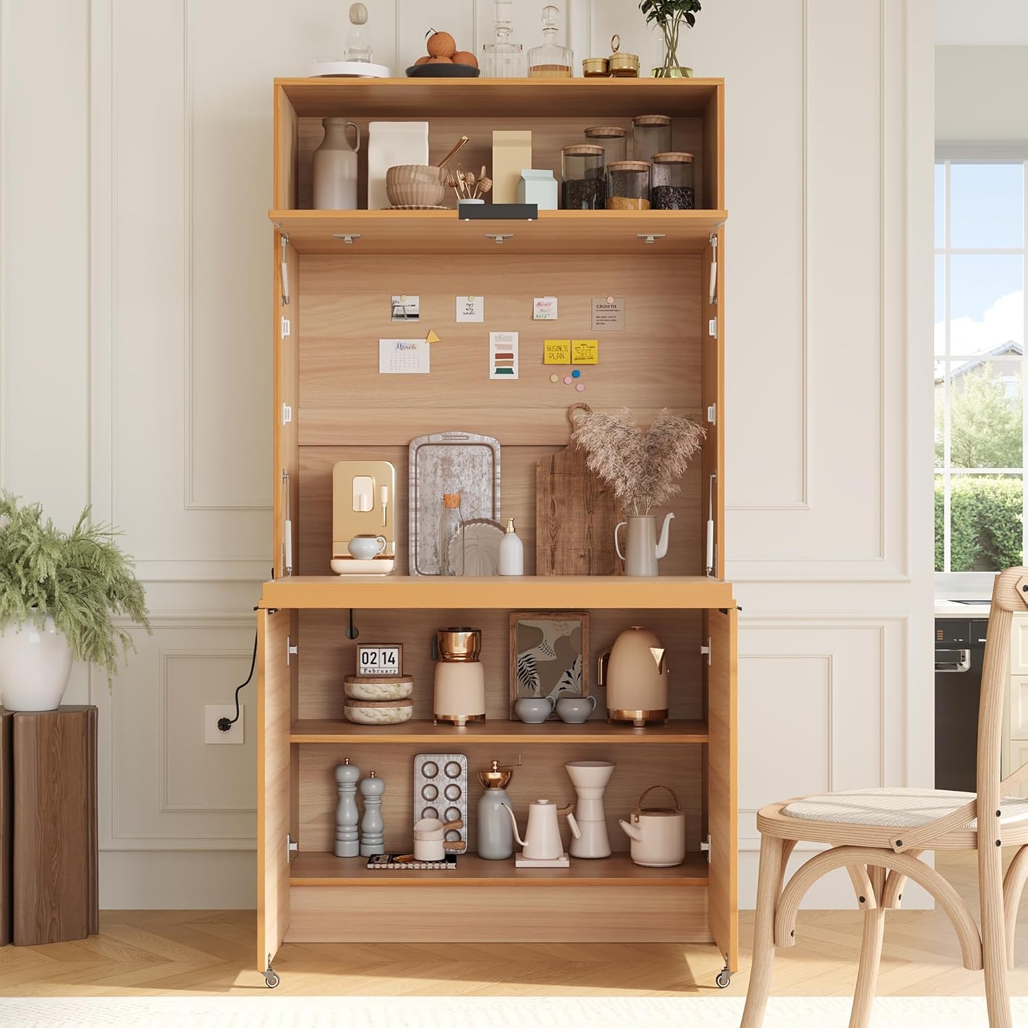 69'' Tall Kitchen Pantry Cabinet with Foldable Workstation, Kitchen Food Pantry Hutch with Adjustable Shelf, Folding Secretary Desk with Storage Hutch for Living Room, Dining Room (Natural)
