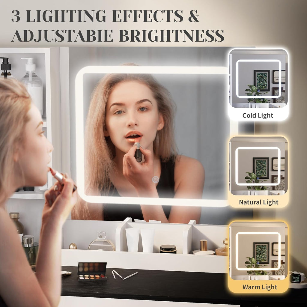 Modern Vanity Makeup Station with Light Up Mirror, 3 Color Lighting Modes with Adjustable Brightness, Built-in Power Charging Station for Bedroom （053 Black）