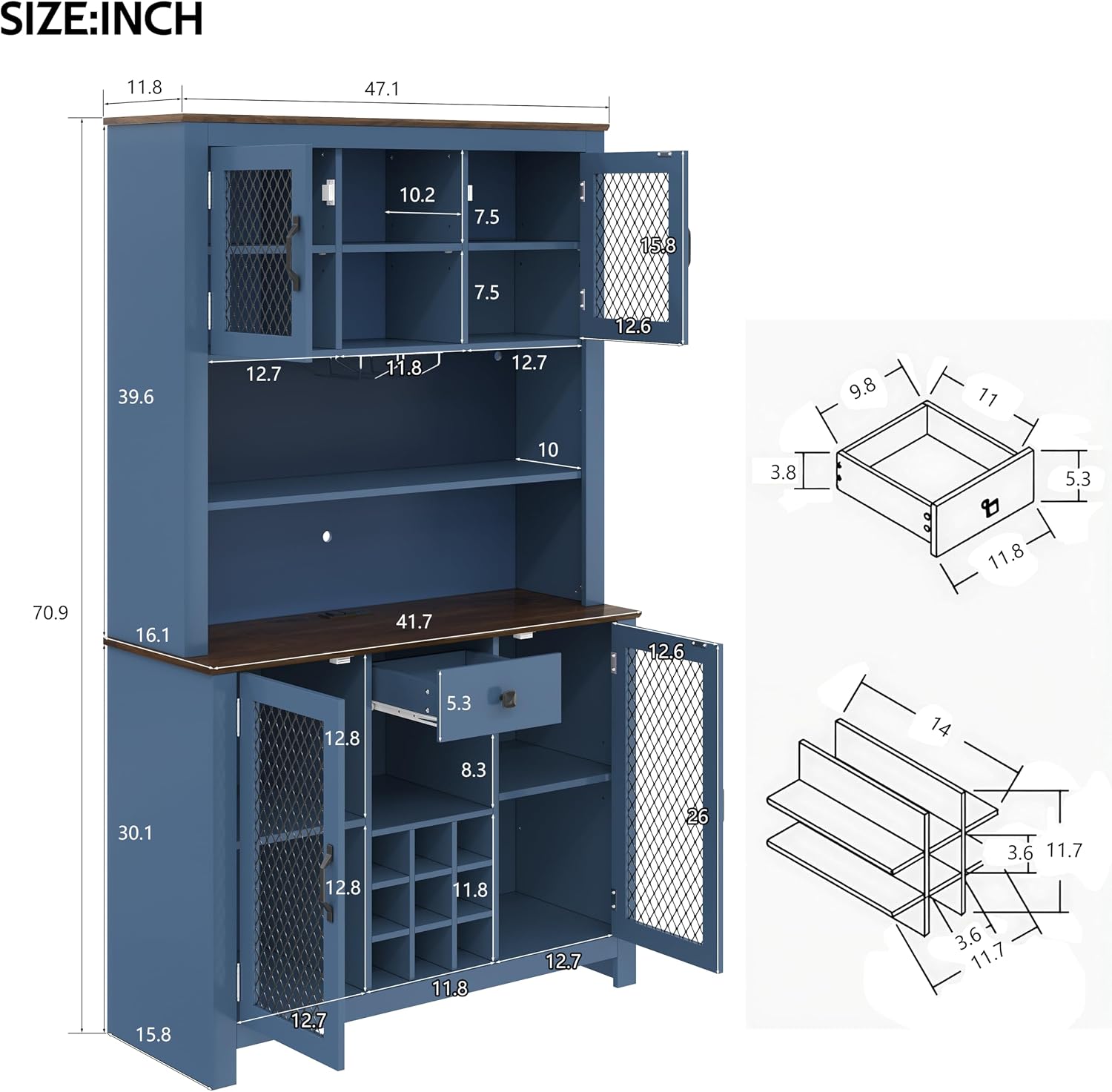 70.9” Farmhouse Kitchen Pantry Cabinet with LED Light & Power Outlets, Rustic Buffet Hutch with Wine Rack Glass Holder Drawer and Adjustable Shelves for Dining Room Coffee Bar Blue