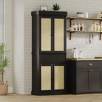 IDEALHOUSE Pantry Cabinet,70" Tall Kitchen Pantry Cabinet with 4 Doors and 3 Adjustable Shelves, Freestanding Cupboard, Modern Storage Cabinet for Bathroom, Dining Room, Living Room， Black Rattan