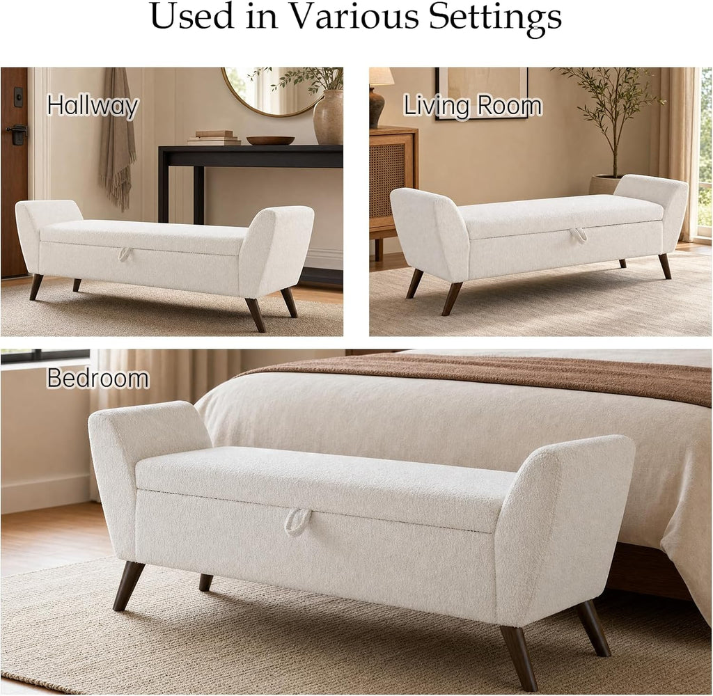 60" Storage Ottoman Bench, Teddy Fabric End of Bed Bench with Solid Wood Legs, Large Hidden Storage for Bedroom & Entryway (Beige)