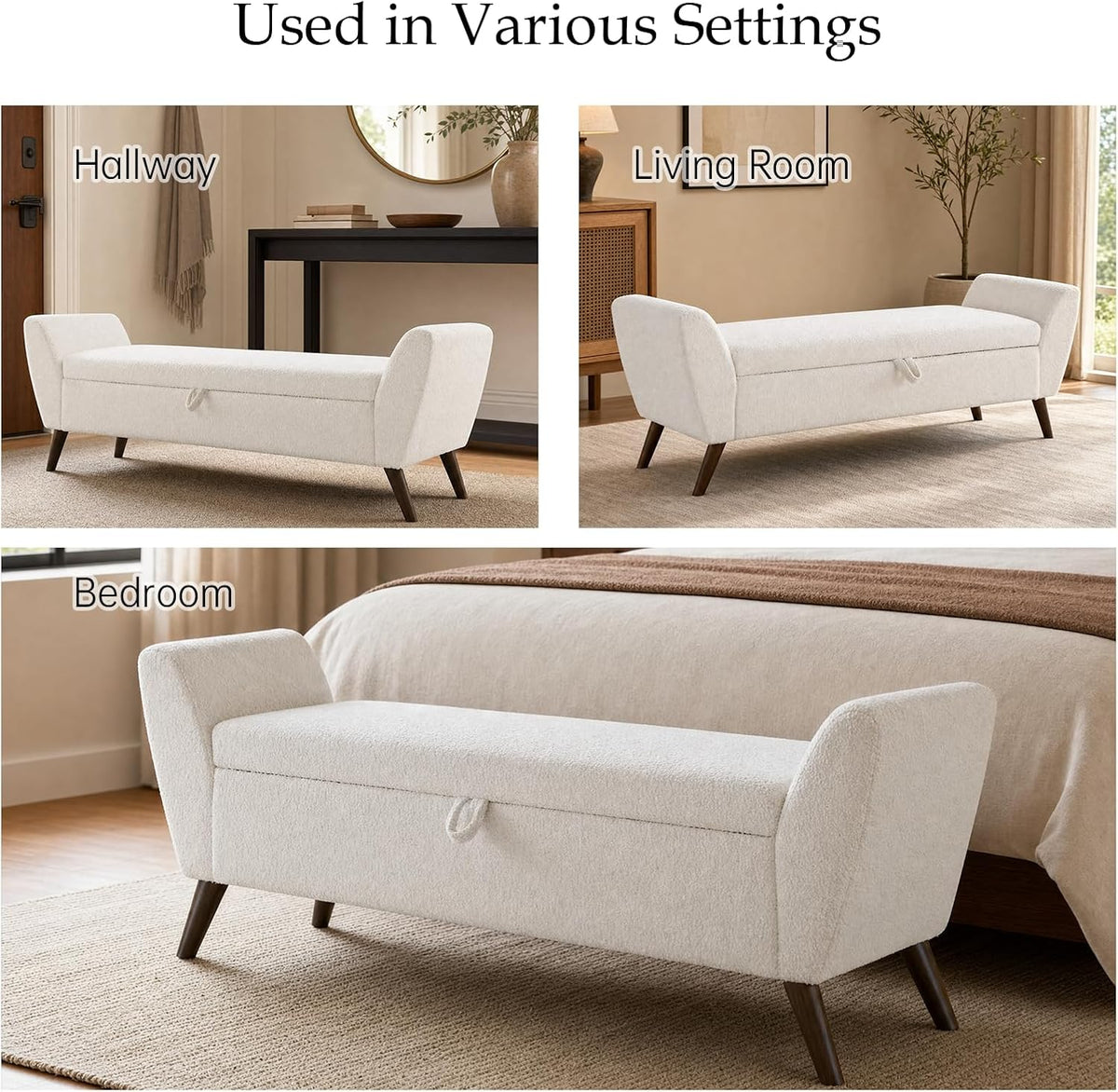 60" Storage Ottoman Bench, Teddy Fabric End of Bed Bench with Solid Wood Legs, Large Hidden Storage for Bedroom & Entryway (Beige)