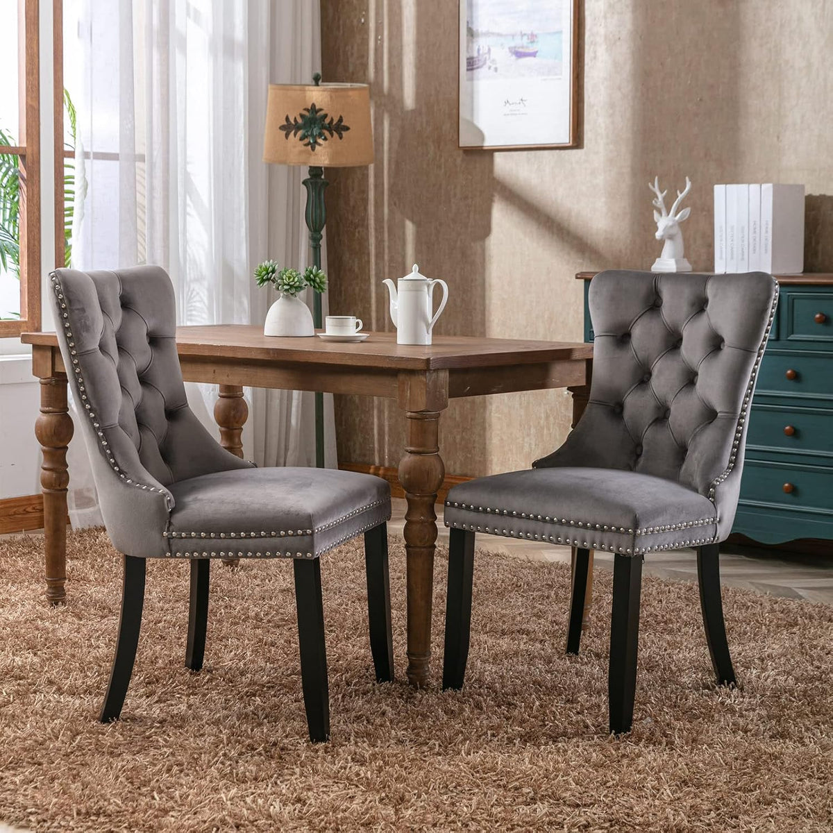 KEIKI Tufted Dining Room Chairs Set of 2, Velvet Kitchen Nailhead Trim Chairs with Solid Wood Legs and Padded Seat, Gray