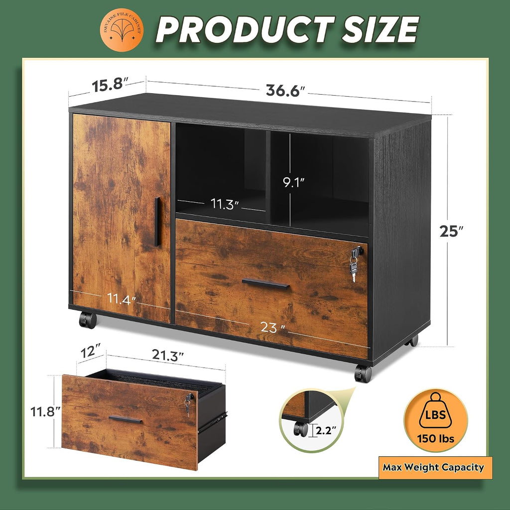 DEVAISE Printer Stand with Storage, Mobile Wood File Cabinet, Rustic Brown | Locking & Rolling, Lateral Filing Cabinet, Doors and Shelves, Fits Legal/letter/A4, for Home Office, Study