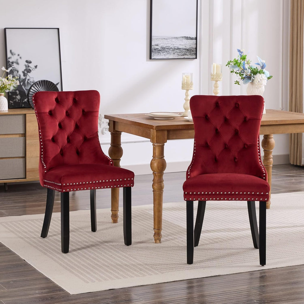 KEIKI Tufted Dining Room Chairs Set of 2, Velvet Kitchen Nailhead Trim Chairs with Solid Wood Legs and Padded Seat, Burgundy