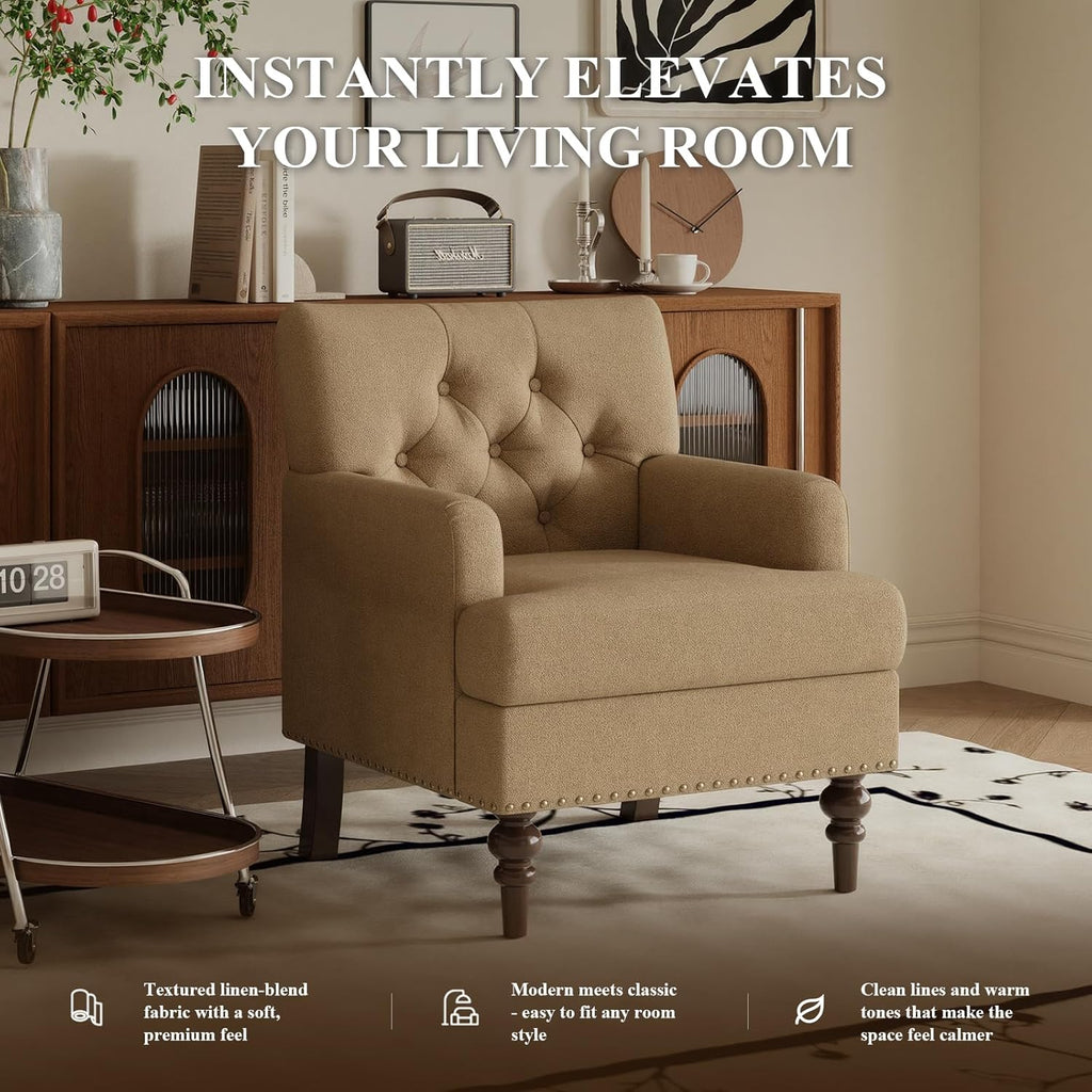 MALOL Upholstered Accent Chair Set of 2, Comfy Reading Chair for Living Room, Mid Century Modern Armchair with Thick Cushion & Solid Rubberwood Legs, for Bedroom/Small Spaces, Brown