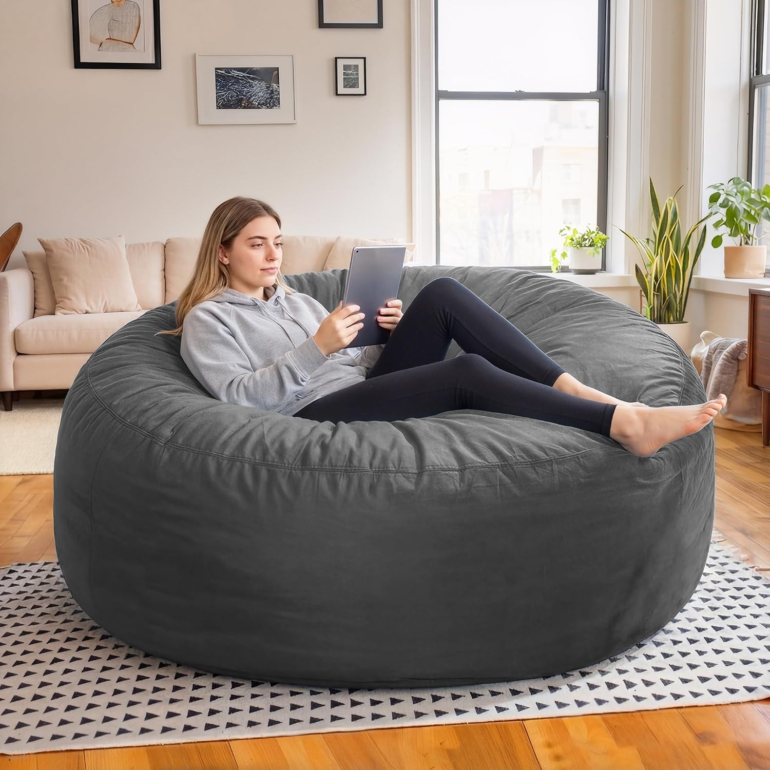fond + found Adults Bean Bag Chair 5FT Big BeanBag Chair Giant Oversized | Memory Foam,Washable Cover,Velvet Fabric,Side Pocket,Handle,Big Adults Bean Bag Reading Gaming Bedroom Living Room | Grey 5FT