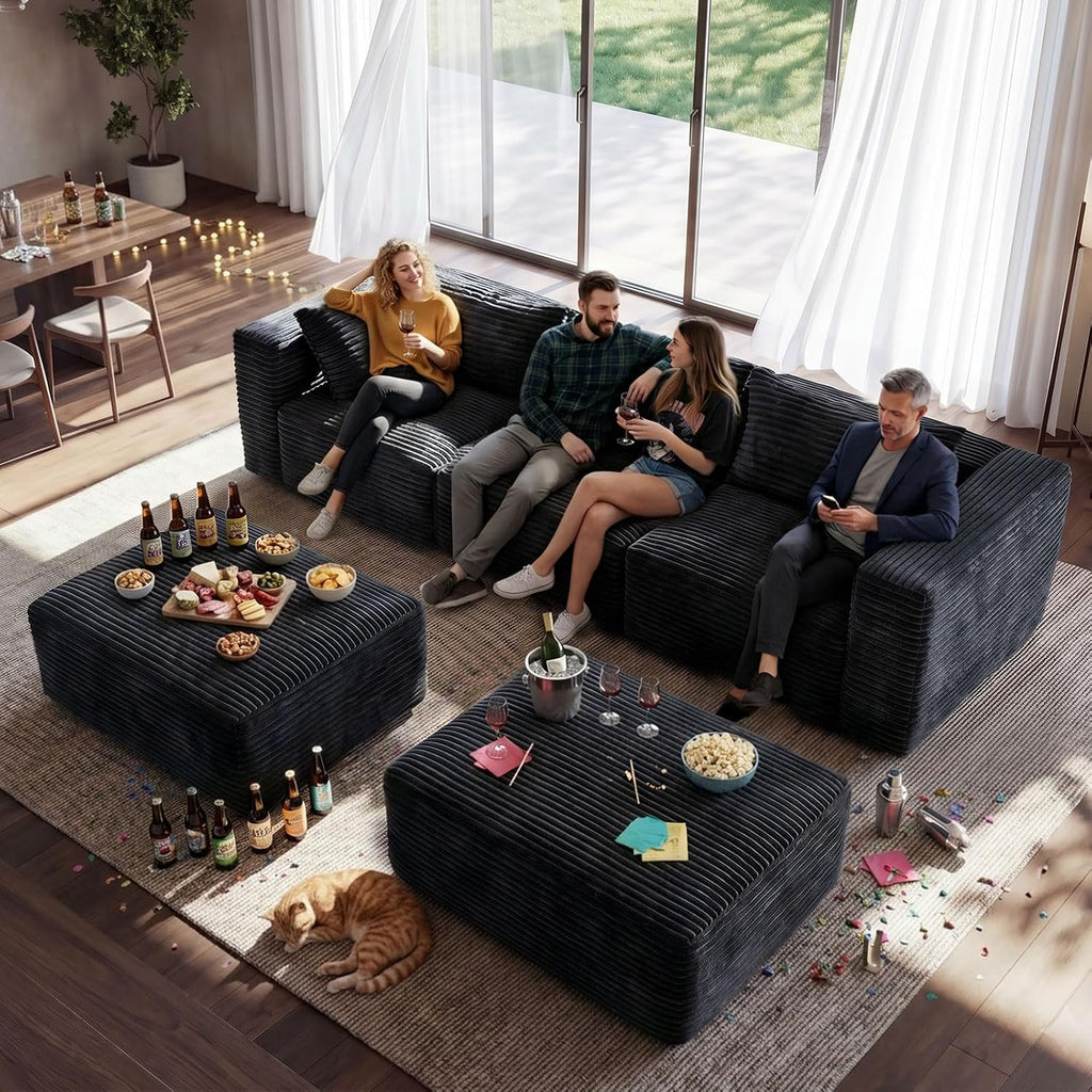 110" Modular Sectional Sofa with 2 Ottomans, U Shaped Cloud Couch for Living Room, Deep Seat Corduroy Floor Sofa, No Assembly Required, Compressed Couch, 5 Seat, Grey