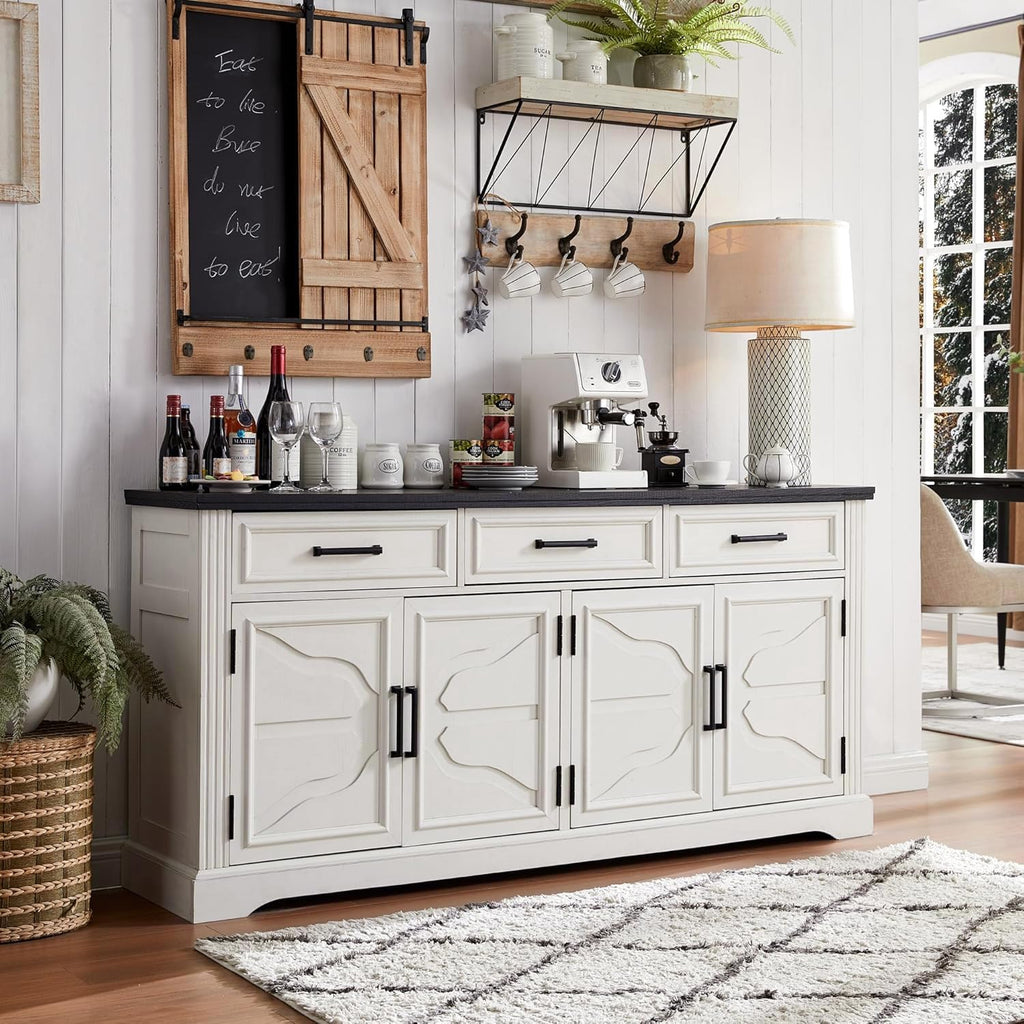 JXQTLINGMU 66" Farmhouse Buffet Cabinet with Storage, Sideboard Credenza, Carved Cloud-Inspired Doors, 3 Drawers & Adjustable Shelves, Coffee Bar Cabinet, Off White