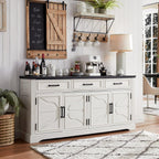 JXQTLINGMU 66" Farmhouse Buffet Cabinet with Storage, Sideboard Credenza, Carved Cloud-Inspired Doors, 3 Drawers & Adjustable Shelves, Coffee Bar Cabinet, Off White
