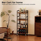 Homeiju Small Bar Cart with 5-Tier Shelf, Mobile Kitchen Shelf with Wine Rack and Glass Holder, Mini Bar Cart for Small Spaces, Rustic Brown