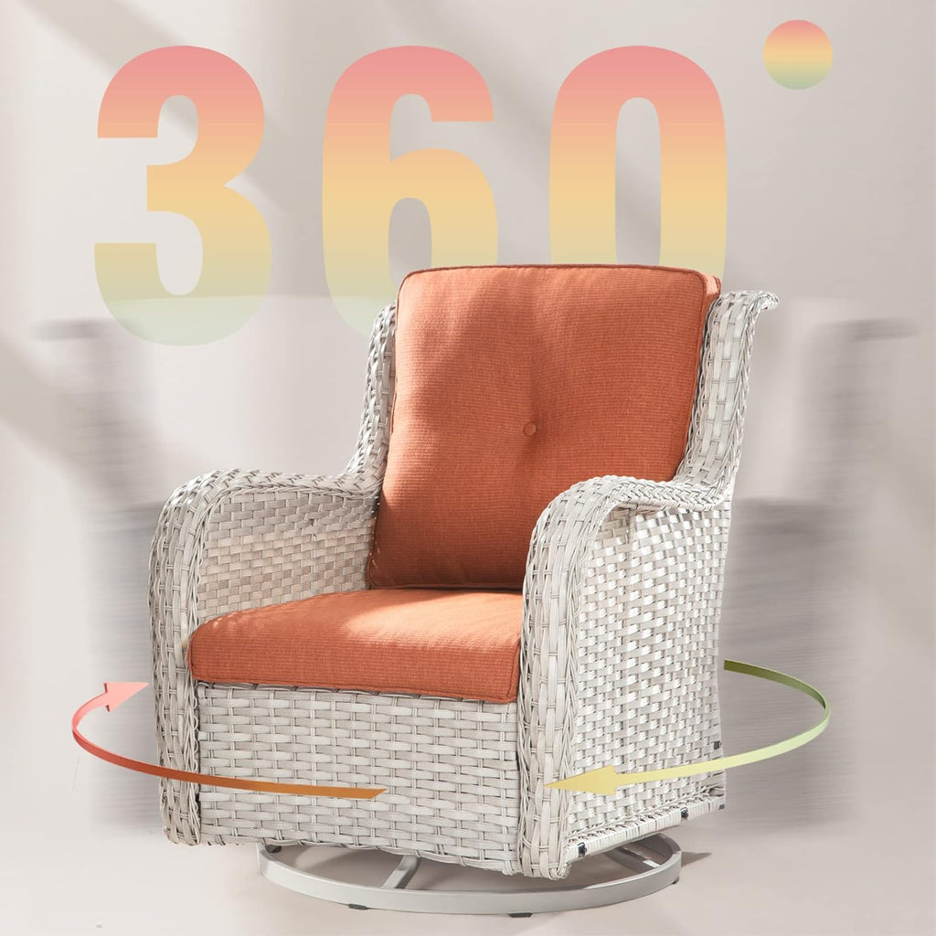 Outdoor 360 Degree Swivel Rocker Patio Chairs Sets of 2 and Matching Side Table - 3 Piece Patio Wicker Glider Chairs with Olefin Cushions(Light Grey/Orange)