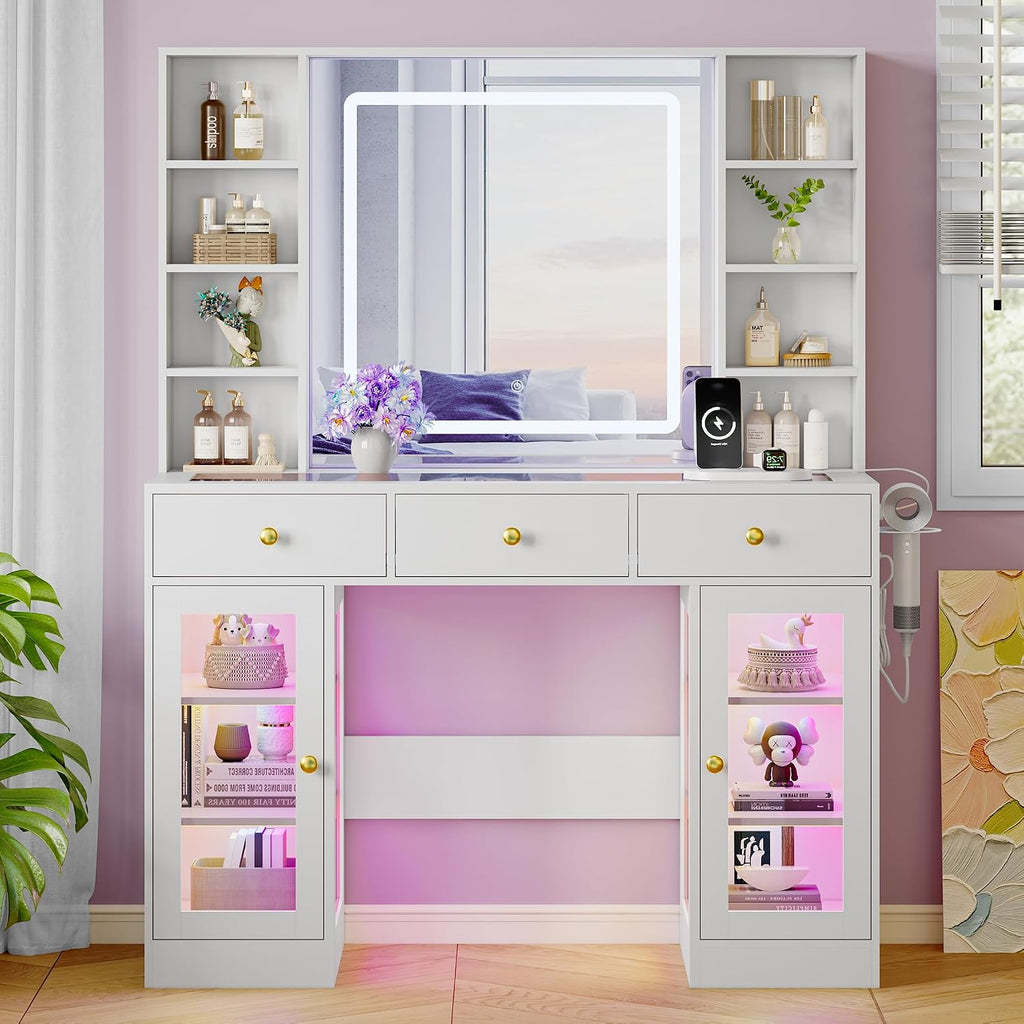 Xixini 43.4" Makeup Vanity Desk with LED Mirror, RGB Glass Cabinets, White
