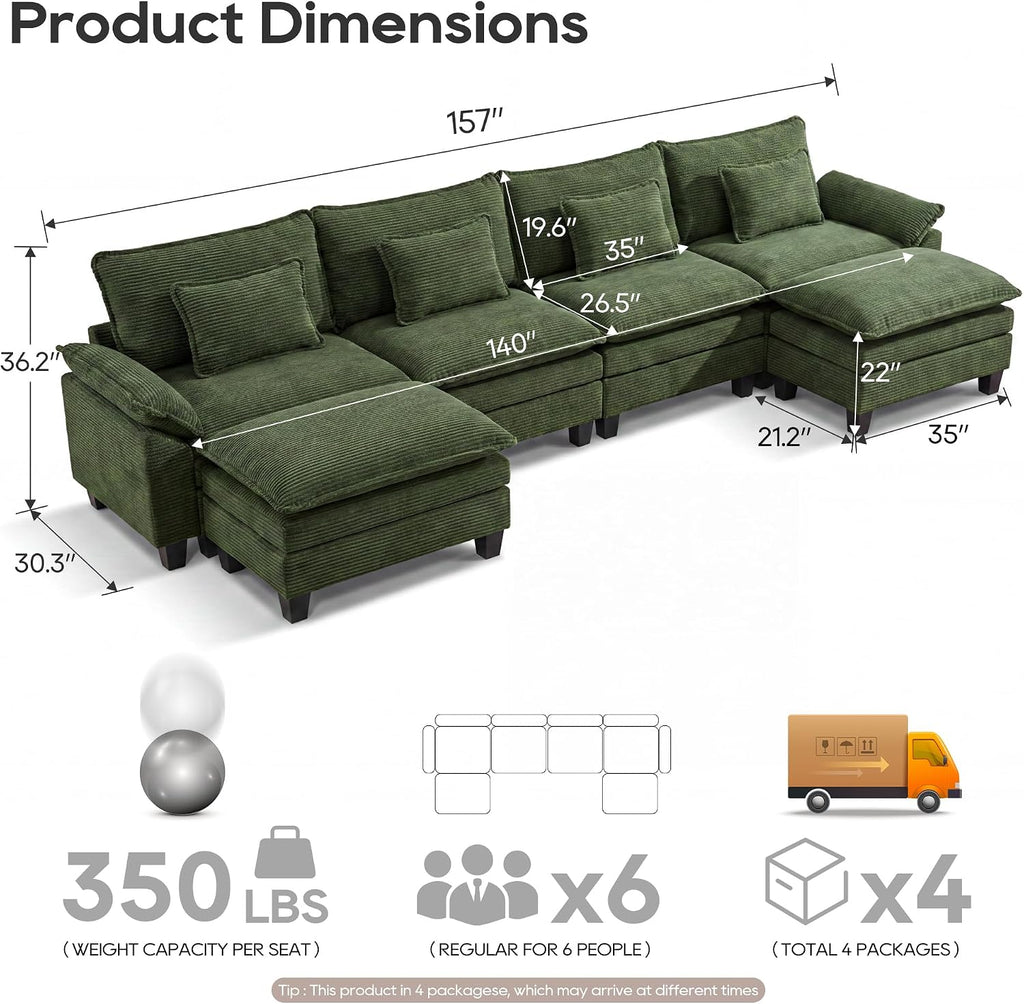 URRED Oversized Modular Sectional Sofa，Solid Green：157" U Shaped | Modern Comfy Cloud Couch with Movable Ottoman and Pillow, Deep Seat Couches for Living Room, Bedroom or Apartment