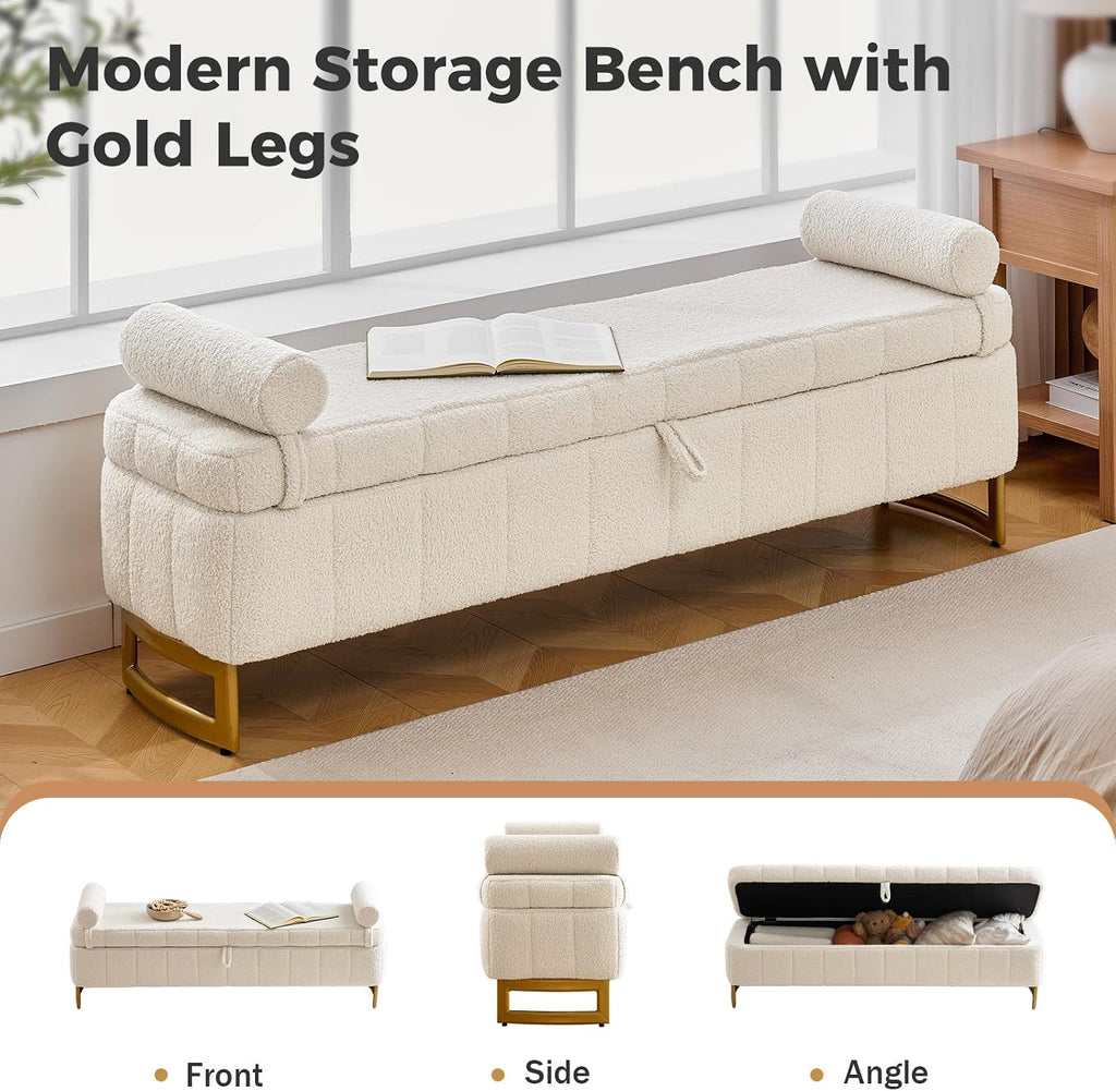 Storage Bench, 63" Ottoman with Storage for Foot of Bed King Size, Modern Upholstered End of Bed Bench with Gold Metal Legs for Bedroom Entryway Hallway, Teddy Beige