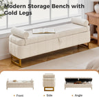 Storage Bench, 63" Ottoman with Storage for Foot of Bed King Size, Modern Upholstered End of Bed Bench with Gold Metal Legs for Bedroom Entryway Hallway, Teddy Beige