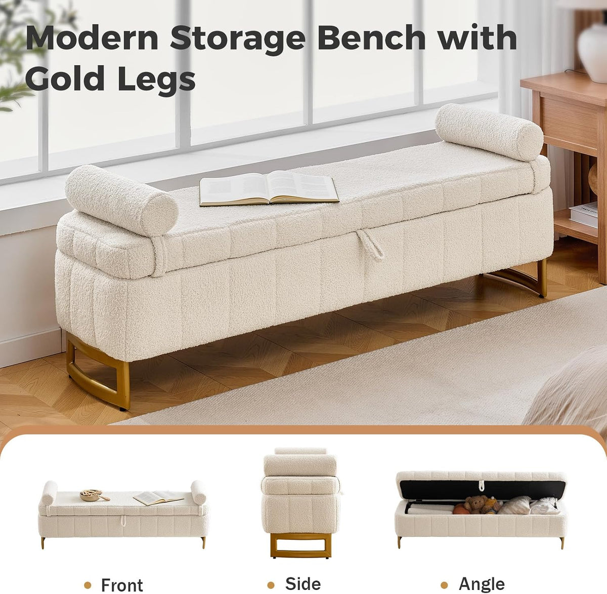 Storage Bench, 63" Ottoman with Storage for Foot of Bed King Size, Modern Upholstered End of Bed Bench with Gold Metal Legs for Bedroom Entryway Hallway, Teddy Beige