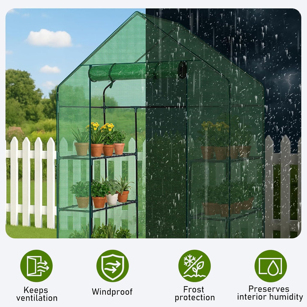Outvita Walk-in Greenhouse, Outdoor Durable PE Plant Green House for Frost Protection with 3 Tiers 4 Shelves, Shelf Clips, Roll-up Zipper Door, 56"x29"x77" Green