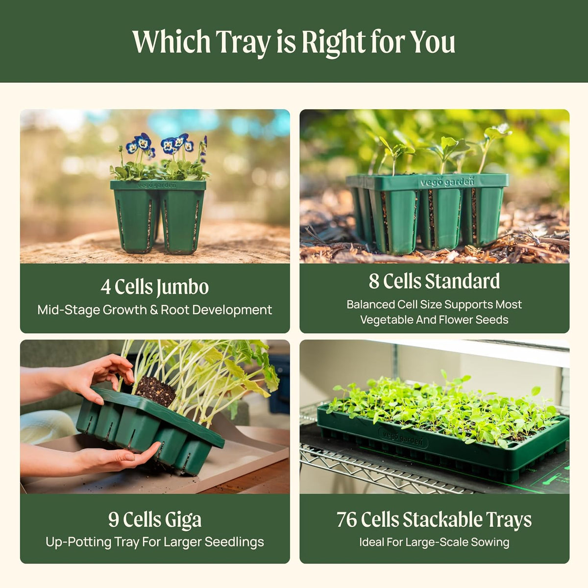 Vego garden 10" x 20" 76 Cells Seed Starter Tray Stackable Seedling Starting Germination Trays for Plants Planting Vegetables Herbs Flowers, 3 Sets