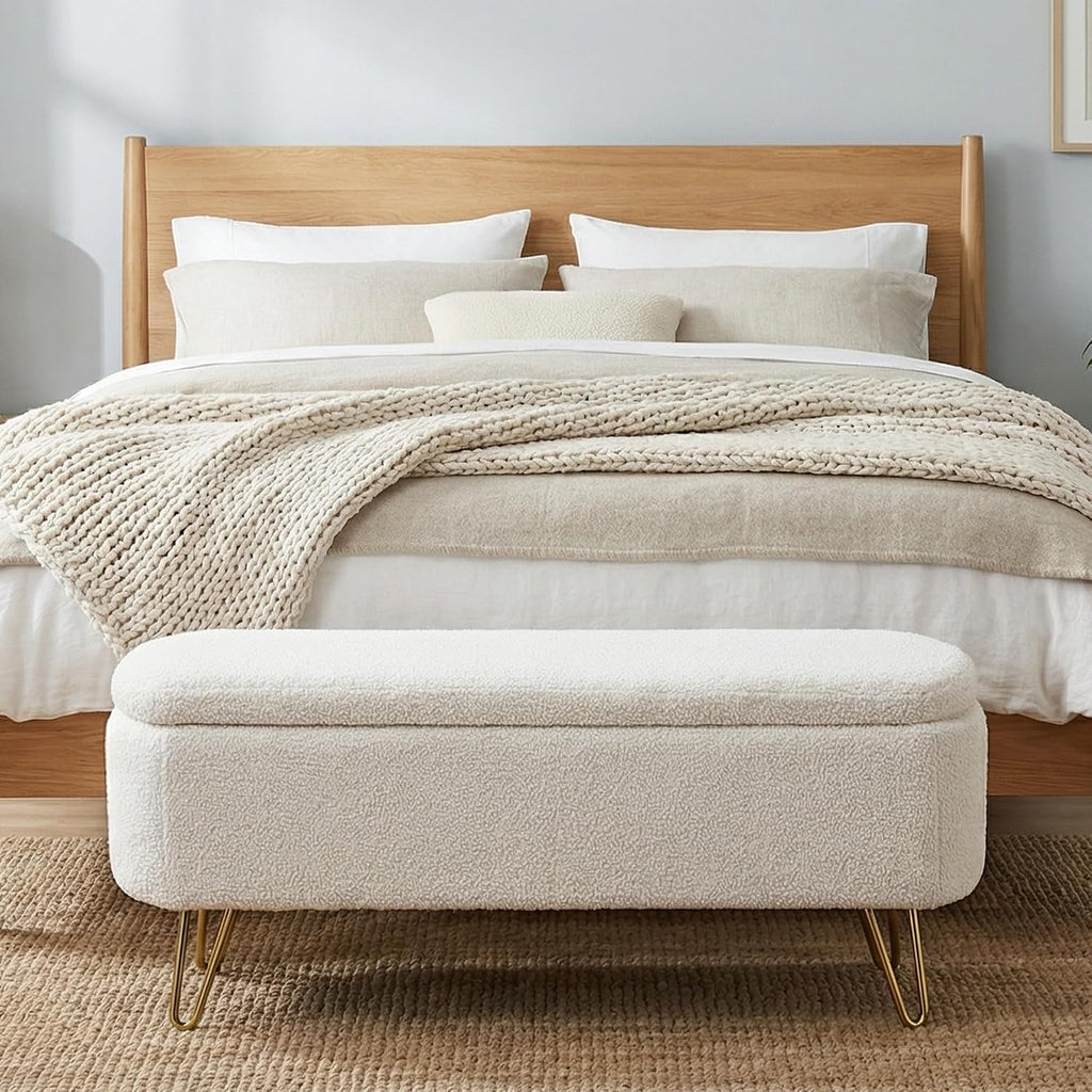 Ottoman with Storage, Small Boucle Storage Ottoman Bench,Upholstered Entryway End of Bed Bench with Cushion and Gold Legs for Bedroom Living Room, Ivory