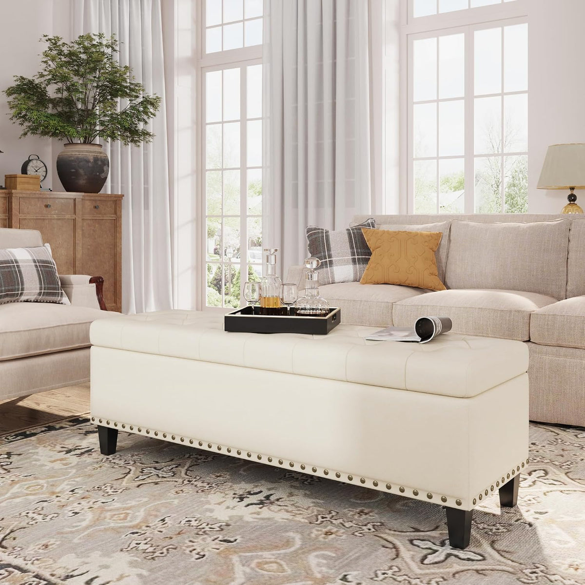 FiveWillowise 51 Inch Storage Ottoman Bench,Large End of Bed Storage Bench | Faux Leather Ottoman with Storage,30 Gallons,Upholstered,with Nailhead Trim,Legs,for Bedroom,Living Room,Entryway,Cream White