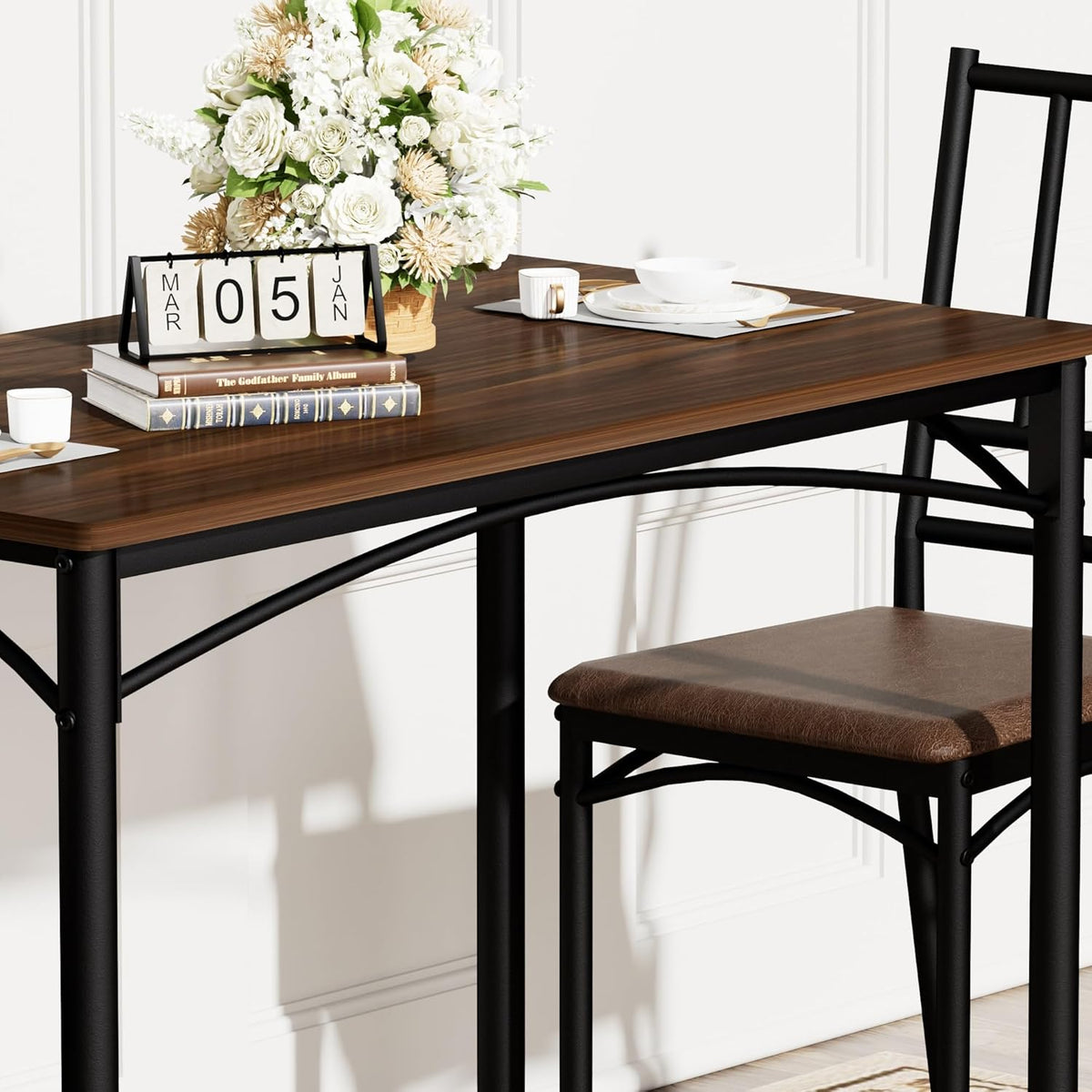 Dining Table Set for 4, Industrial Kitchen Table Set with 4 Upholstered Chairs, Metal Table and Chairs Set for Kitchen, Dining Room, Living Room, Walnut