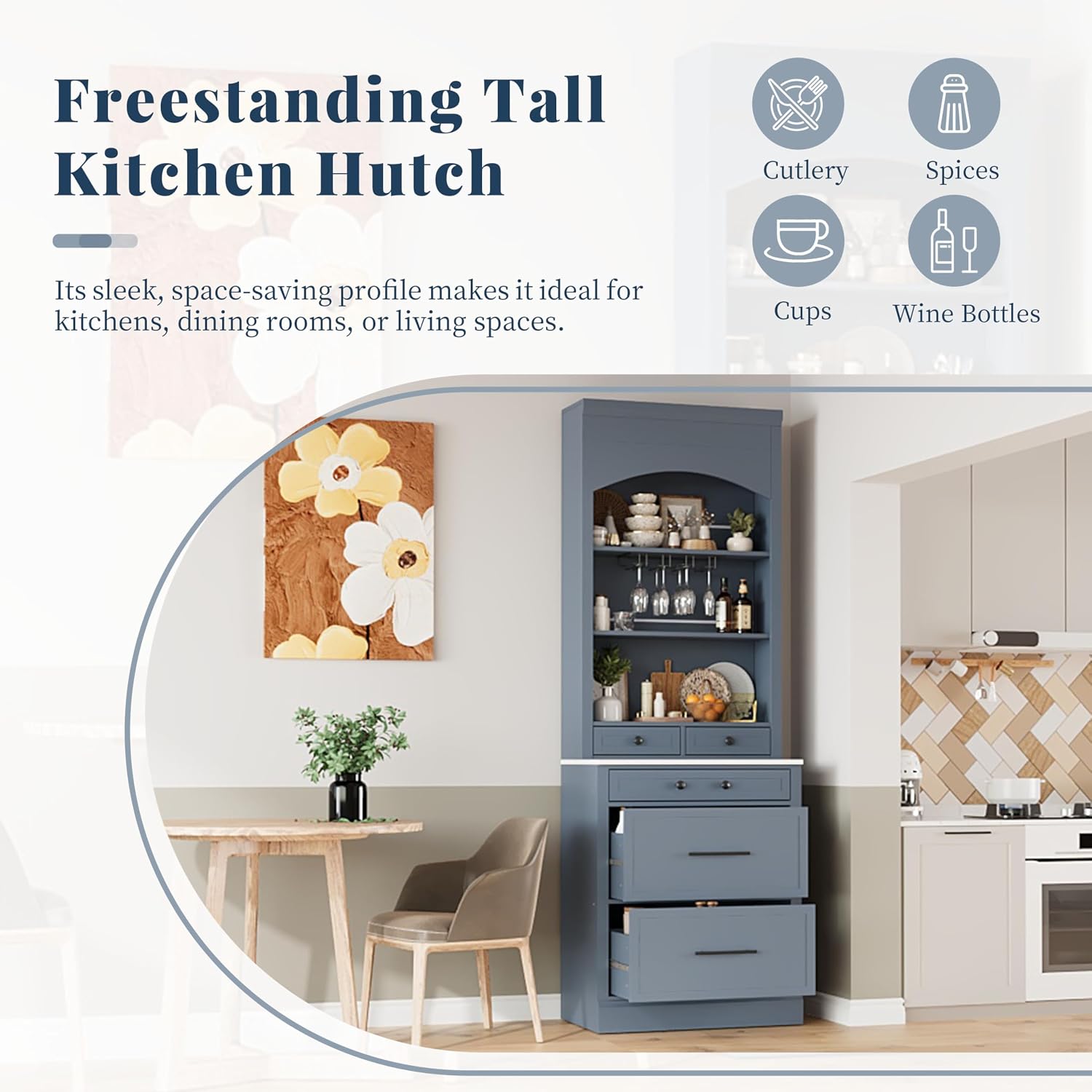 Modern 28.7x17.5x83.7 Inch Tall Kitchen Pantry Cabinet, Freestanding Hutch with Faux Marble Top, 5 Drawers & Adjustable Shelf, Glass Holders, Space-Saving Storage for Kitchen/Dining Room (1, Gray)